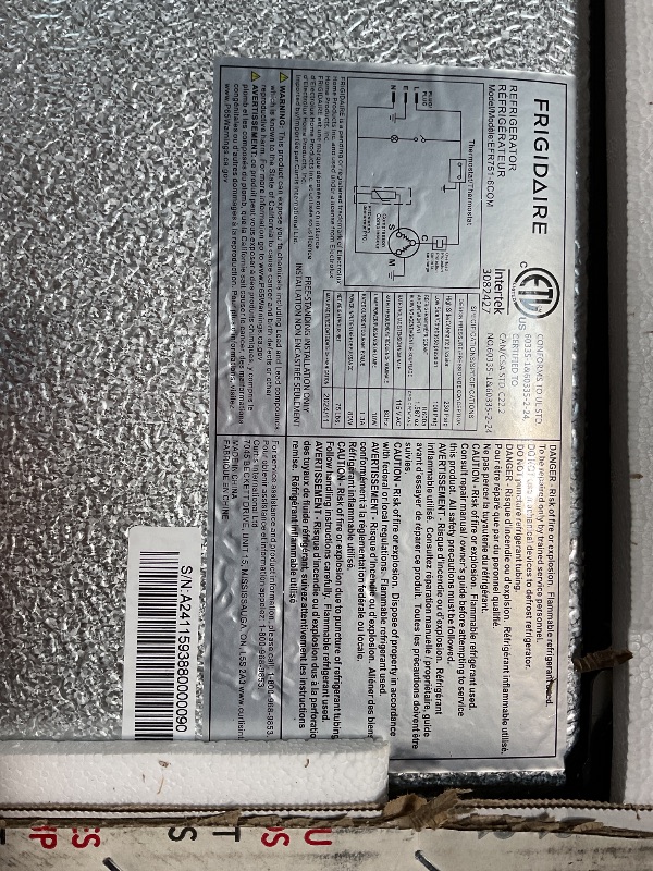 Photo 1 of **FOR PARTS ONLY/COPPER LINE TO COMPRESSOR BROKEN** Frigidaire, 2 Door Apartment Size Refrigerator/Freezer Combo, 7.5 cu ft, Platinum Series, Stainless, 23" D x 21.5" W x 55.5" H