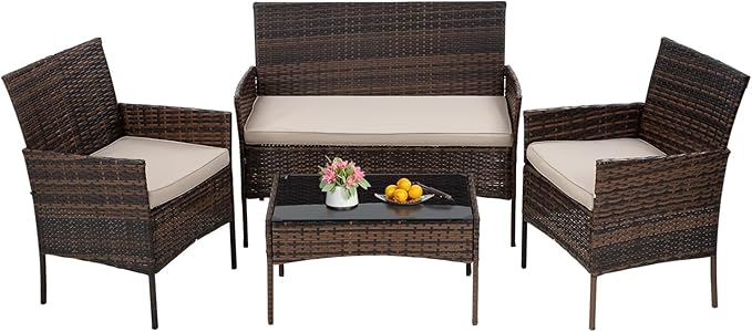 Photo 1 of 4-Piece Patio Furniture Set | Brown | Outdoor Wicker Furniture with Coffee Table | Modern Rattan Chairs Conversation Set | Outdoor Seating | Weather-Resistant | for Porch, Garden,