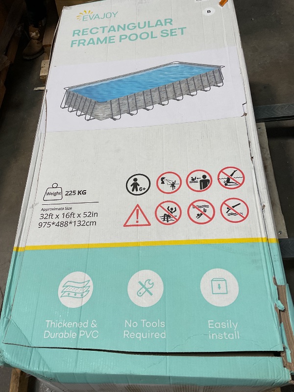 Photo 1 of **PARTIAL SET BOX 1 OF 2 ** EVAJOY 32ft x 16ft x 52in Metal Frame Swimming Pool Set, Rectangular Above Ground Pool Cover with Sand Filter Pump, Pool Ladder, Ground Cloth for Backyard, Garden, PVC, Blue