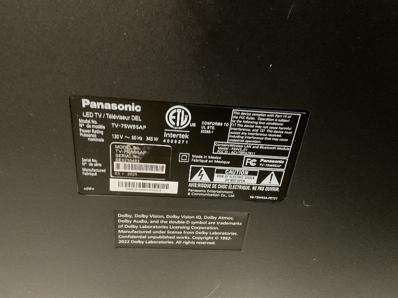Photo 1 of **FOR PARTS ONLY/NON-FUNCTIONAL** Panasonic 75” LED TV - W95A Series