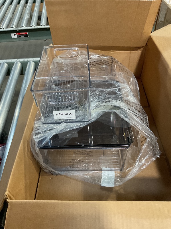 Photo 1 of **PARTIAL SET MISSING 2 LIDS** mDesign Plastic Deep Storage Bin Box Container with Lid and Built-In Handles - Organization for Fruit, Snacks, or Food in Kitchen Pantry, Cabinet, Cupboard, Ligne Collection, 4 Pack, Clear/Smoke Gray