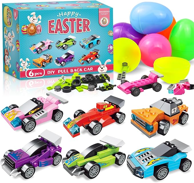 Photo 1 of 6 Pcs Pre Filled Easter Eggs Car Easter Basket Stuffers Filled with Pull-Back Race Car for Kids School Party Easter Egg Hunt Supplies Classroom Prizes for Boys Girls
