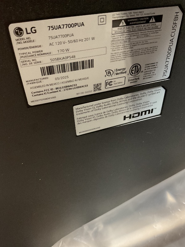 Photo 1 of **DAMAGED SCREEN SELLING FOR PARTS**LG 75-Inch Class UHD AI 4K UA77 Series Smart TV w/AI Sound Pro, HDR10, 4K Super Upscaling, Filmmaker Mode, Wow Orchestra, Compatible with Alexa (75UA7700PUA, 2025)