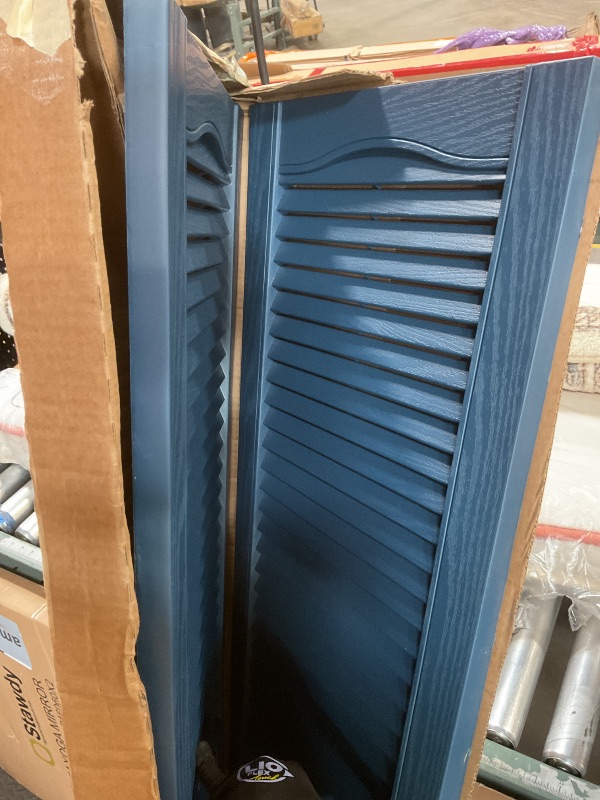 Photo 1 of 
14-1/2 in. x 55 in. Lifetime Vinyl Standard Cathedral Top Center Mullion Open Louvered Shutters Pair Classic Blue