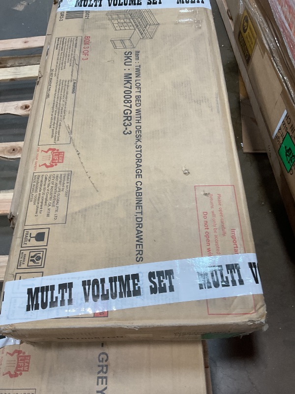 Photo 1 of **SELLING AS PARTS IN PARTIAL SET. ONE BOX MISSING**KEIKI Twin Size Low loft Bed with Pull-Out Desk, Rubber Wood Loft Bed with Storage Cabinets & Drawers & Shelves, Low Twin Bed for Kids, Grey
