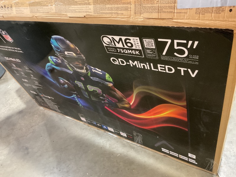 Photo 1 of **SELLING FOR PARTS. MAJOR DAMAGE**TCL 75-Inch Class QM6K Series QD-Mini LED 4K UHD Google Smart TV Best Value Mini-LED TV - QLED, 144hz, 288hz Gaming Rate, High Contrast Screen, Onkyo Audio, Dolby Atmos (75QM6K, 2025 Model)