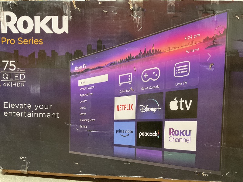 Photo 1 of ******BROKEN TELEVISION CRACK PARTS ONLY**** Roku Smart TV – 75-Inch Pro Series 4K QLED RokuTV with Backlit Roku Voice Remote Pro, Dolby Vision IQ, 120Hz Refresh Rate – Live Local News, Sports, Gaming
