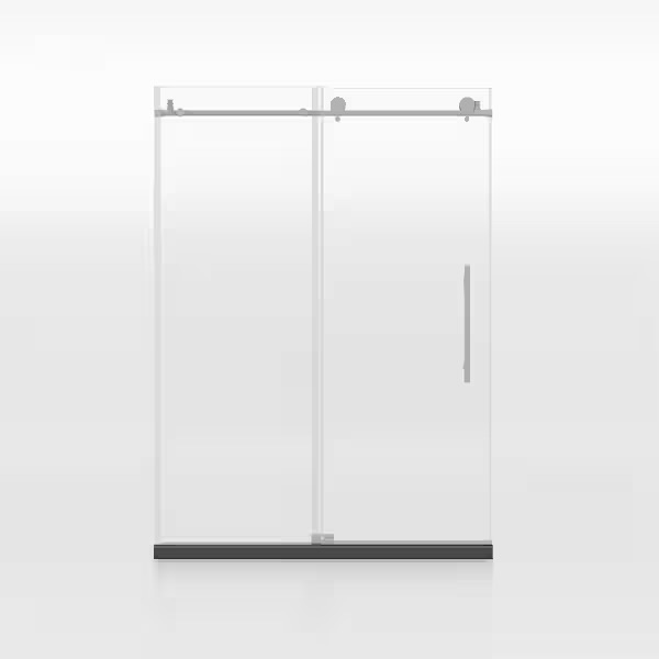 Photo 1 of 60 in. W x 76 in. H Sliding Frameless Shower Door in Brushed Nickel Finish with 5/16 in. Clear Tempered Glass