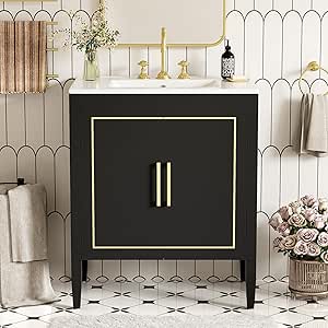Photo 1 of 30 Inch Bathroom Vanity with Sink,Black Bathroom Vanity with Gold Hardware,Bathroom Vanity with Soft Close Drawers,Built-in Hidden Drawer