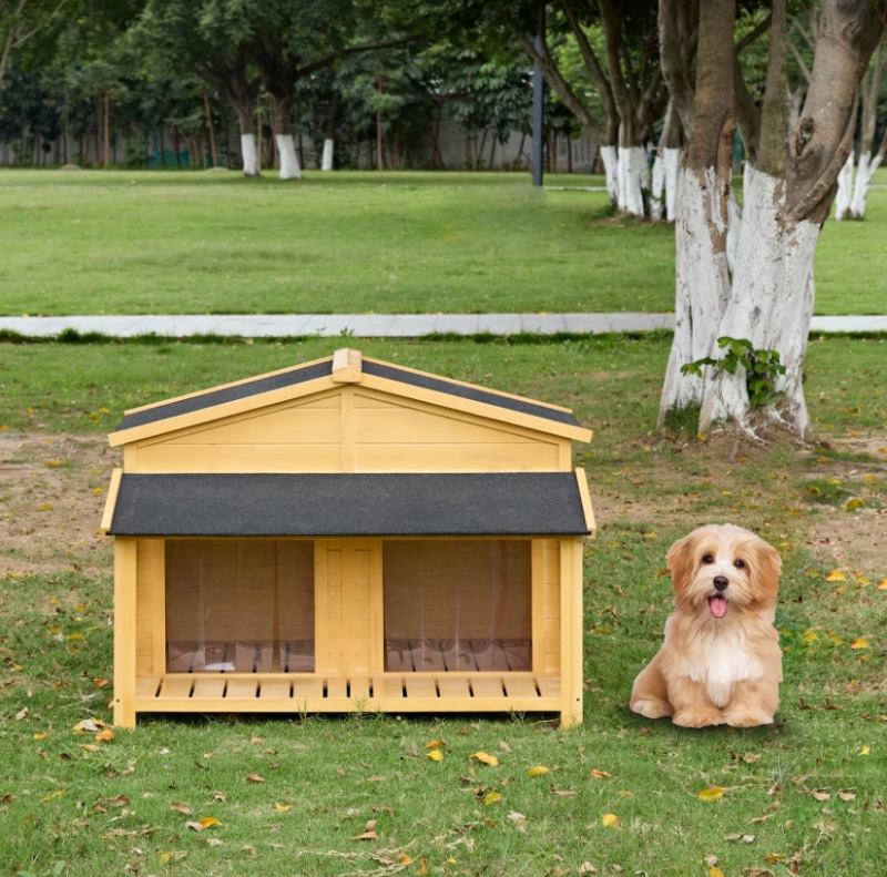 Photo 1 of 47"L Dog House, Waterproof Dog Cage Kennel with Porch, Wooden Outdoor Indoor Dog House with Elevated Floor, Log Cabin Style for Small to Large Sized Dogs, Easy to Assemble