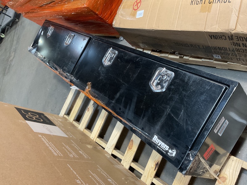 Photo 1 of Buyers Products 1703020 Black Steel Topsider Truck Box With T-Handle Latch, 18 x 16 x 96 Inch, Truck Tool Box For Storage And Organization, Lockable Tool Chest For Work Trucks

**minor scuffs, scratches, and dents**