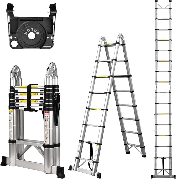 Photo 1 of Telescoping Ladder A Frame, 16.5 Ft Compact Aluminum Extension Ladder, Portable Telescopic RV Ladder for Outdoor Camper Trips Motorhome with Tool Platform and Stabilizer Bar, 330 lb