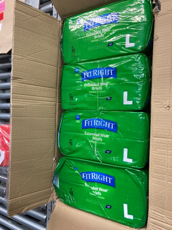 Photo 1 of FitRight Extended Wear Overnight Adult Briefs with Tabs, Maximum Absorbency Adult Diapers, Large (15 Count) 4 pack.