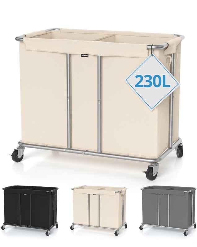 Photo 1 of 230L Rolling Laundry Hamper, 2-Section Laundry Basket with Wheels, 61 Gallons Laundry Sorter with Metal Structure and Removable Liner, Clothes Hamper for Laundry Room, Bathroom, Bedroom, Beige