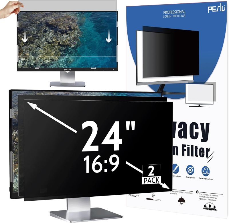 Photo 1 of [2-Pack] 24 Inch Privacy Screen for Computer Monitor 16:9 Aspect Ratio, Eye Protection Anti Blue Light Glare Shield, 24inch Removable Black Blackout Anti Spy Desktop Security Private Filter