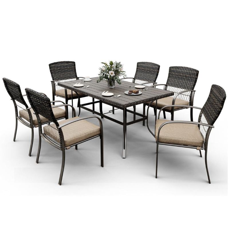 Photo 1 of ***NO CHAIRS/ONLY TABLE***Pamapic Metal Outdoor Dining Sets for 6 with Iron Slats Table Top & Removable Cushion BROWN