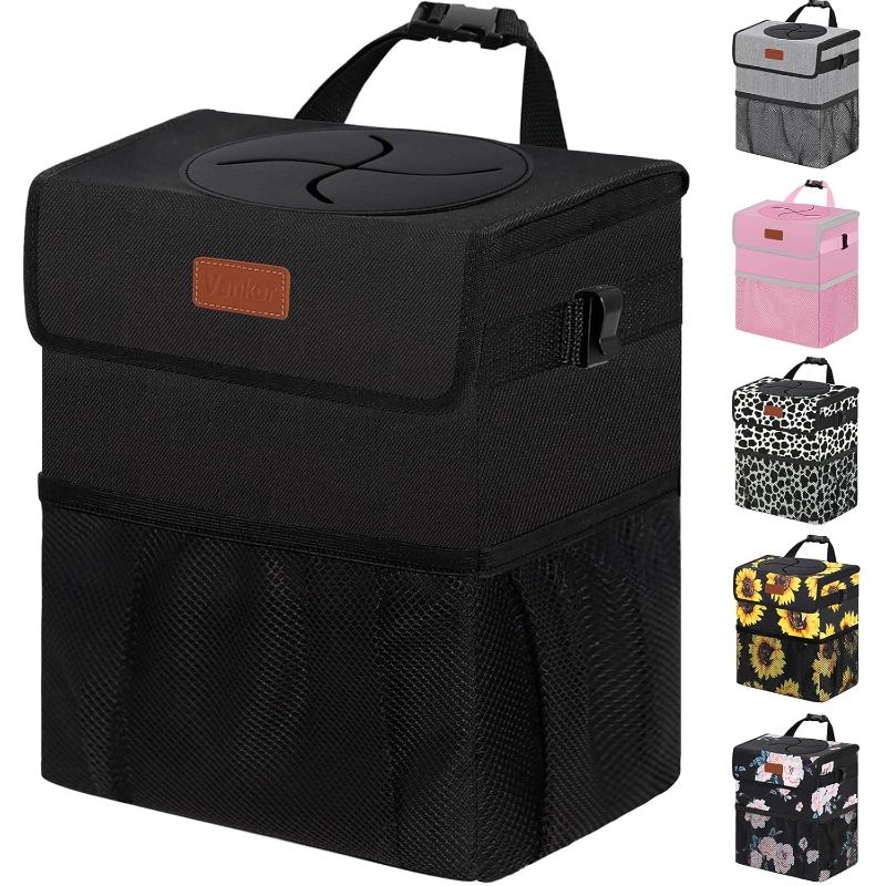 Photo 1 of Car Trash Can Bin with Lid Hanging for Back Seat, Car Accessories for Women Men Leak Proof Automotive Garbage Cans Leakproof Vehicle Trash Can for Truck SUV Black
