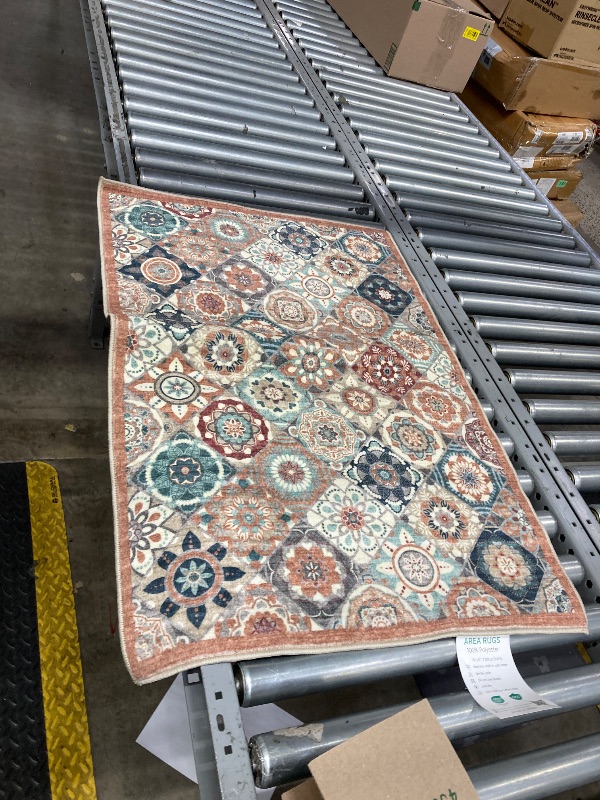 Photo 1 of  Area Rug, Machine Washable Boho Throw Rug, Moroccan Trellis Bohemian Indoor Entrance Rugs, Thin Small Front Door Entry Carpet Mat for Entryway Bedroom Kitchen (001-Orange/Multi, 