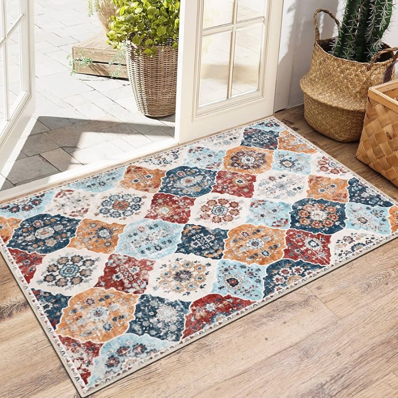 Photo 1 of  Area Rug, Machine Washable Boho Throw Rug, Moroccan Trellis Bohemian Indoor Entrance Rugs, Thin Small Front Door Entry Carpet Mat for Entryway Bedroom Kitchen (001-Orange/Multi, 