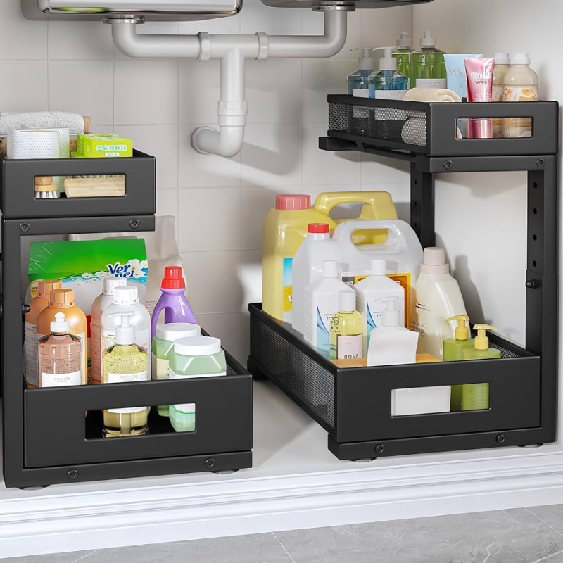 Photo 1 of 2-Pack Under Sink Storage Organizer, Large 2-Tier Elegant Mesh Pull Out Shelf for Kitchen and Bathroom Cabinet Organization, L-Shaped and Adjustable Height Design,Patent Pending-Black