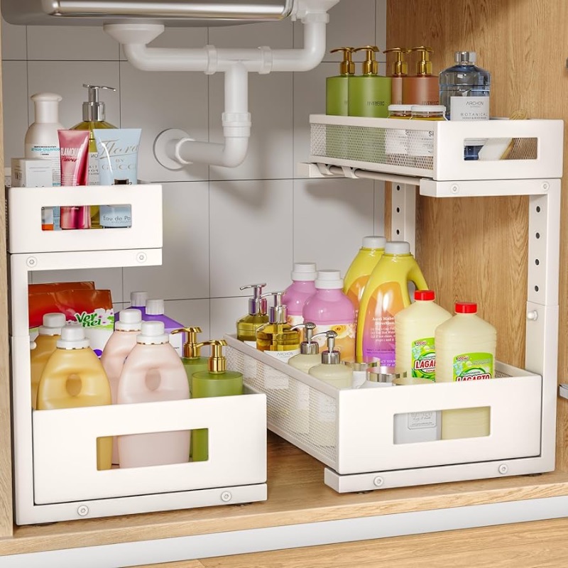 Photo 1 of 2-Pack Under Sink Storage Organizer, Large 2-Tier Elegant Mesh Pull Out Shelf for Kitchen and Bathroom Cabinet Organization, L-Shaped and Adjustable Height Design for Maximum Space Efficiency-White
400+ bought in past month