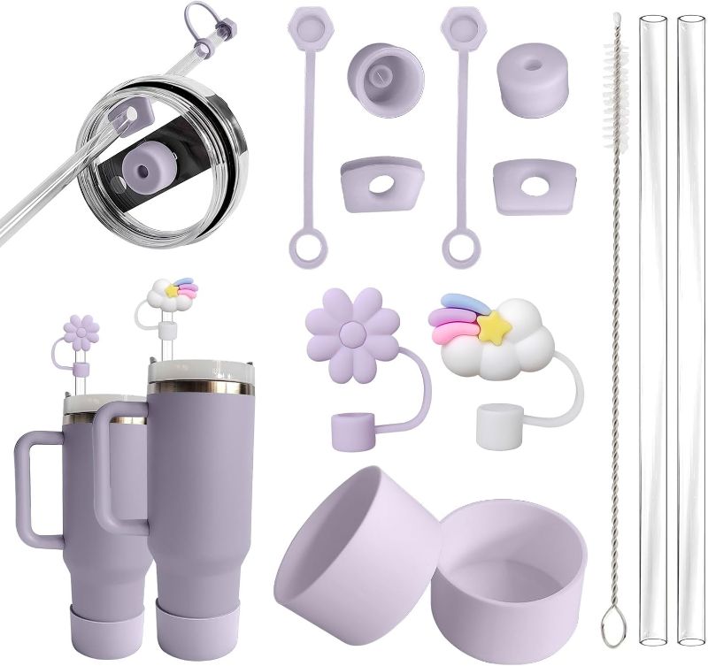 Photo 1 of 10PCS Stanley Cup Accessories Set Including 2Pcs Cute Straw Cover Caps, 2Pcs Silicone Boots, 2Pcs Straws and 1Pcs Brush for Stanley, 2 pom-poms, 1 pack heart clips 40oz & 30oz (Purple)