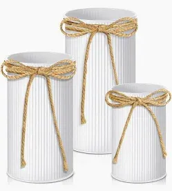 Photo 1 of 12 pcs-Pcs Farmhouse Vase Decor with Twine Bow 4.33" Galvanized Flower Bucket 5.91" Metal Pots 7.09" Rustic Decorated Vases for Artificial Flowers Home Table Weddings Decor (White)