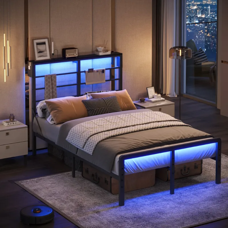 Photo 1 of Bestier Full Size Bed Frame with LED Headboard & Charging Station, Metal Platform Bed with 15.7'' Large Under Bed Storage, Black