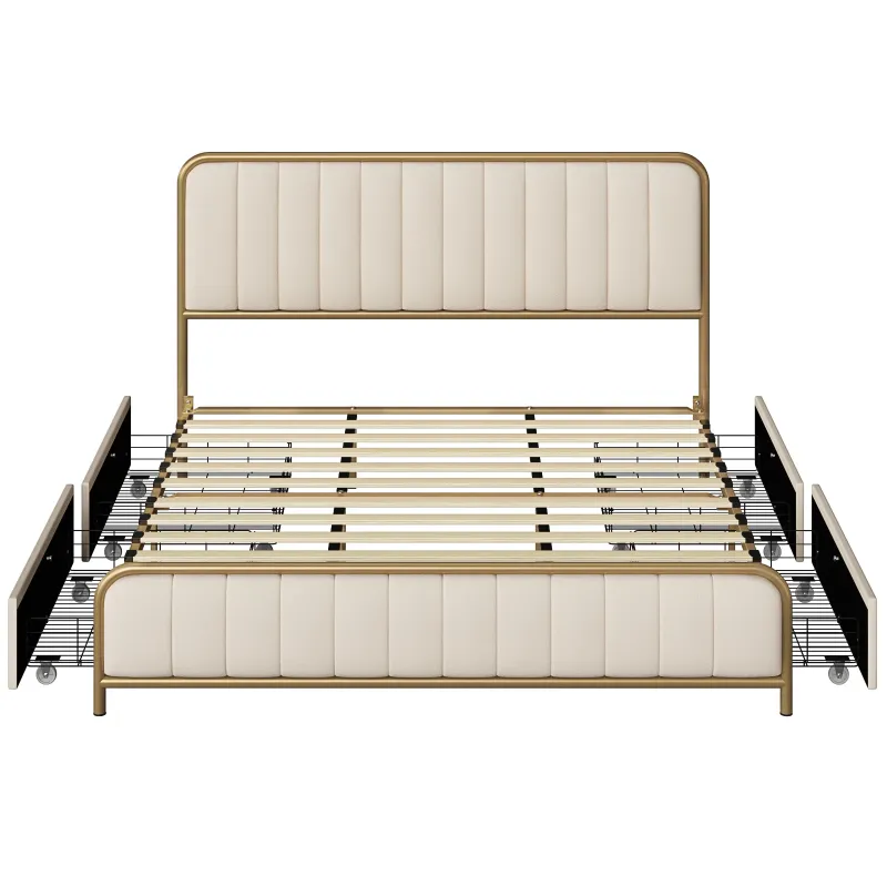 Photo 1 of ****PARTS ONLY****Homfa Queen Size 4 Storage Drawers Bed, Gold Platform Bed Frame with Tufted Upholstered Headboard, Beige
