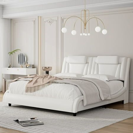 Photo 1 of ***ITEM IS SIMILAR TO THE IMAGE NOT EXACT****Homfa Queen LED Bed Frame PU Leather Curved Upholstered Platform Bed with Adjustable Headboard and Pillow White
