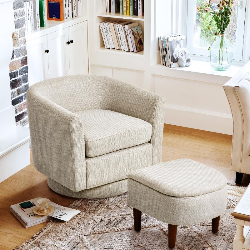 Photo 1 of ***MISSING OTTOMAN**COLAMY Upholstered Swivel Barrel Accent Chair with Ottoman, Modern Single Sofa Lounge Armchair Club Chair with Storage Space for Living Room Bedroom Office, Light Brown