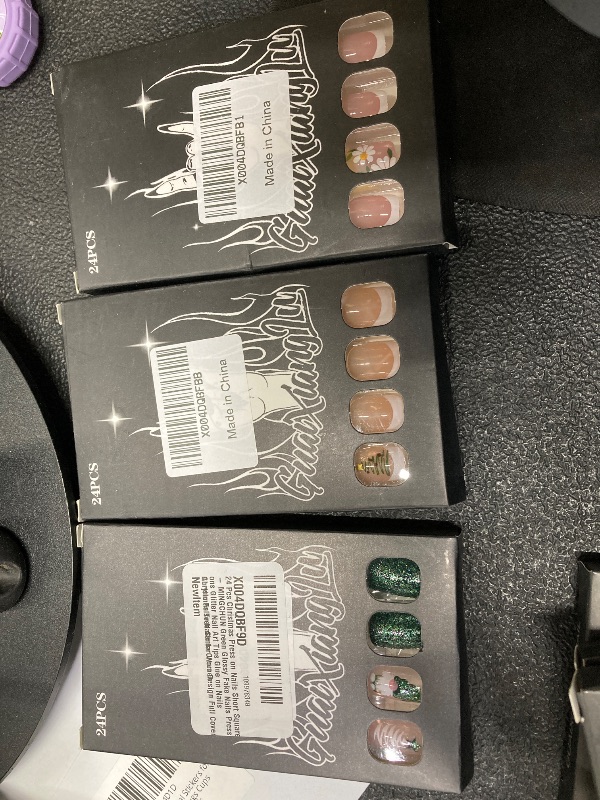 Photo 1 of 24 Pcs Christmas Press on Nails Short Square - MINGCHUN Green Glossy Fake Nails Press ons Glitter Nail Art Tips Glue on Nails Christmas Tree Santa Claus Design Full Cover Acrylic False Nails for Women