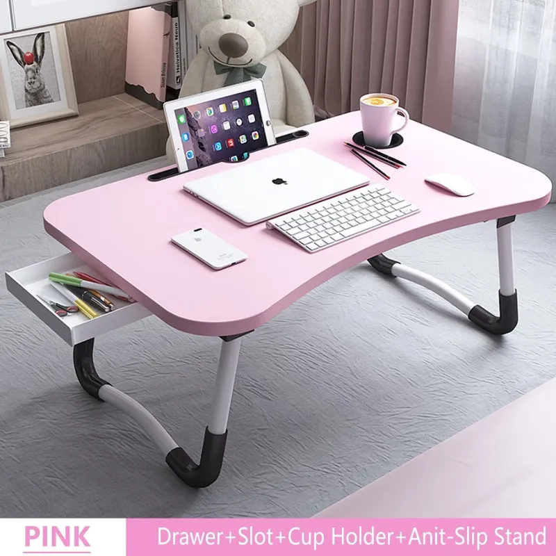 Photo 1 of 
PHANCIR Foldable Lap Desk, 23.6 Inch Portable Wood Laptop Desk Table Workspace Organizer Bed Tray with iPad Slots, Cup Holder and Drawer, Anti-Slip for Working Reading Writing, Eating, Watching-Pink