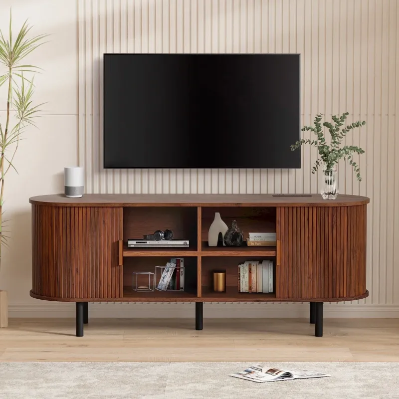 Photo 1 of 
MARNUR 55" TV Stand for 60" TV, Wood Entertainment Center with Storage and Shelves, 2 Sliding Tambour Doors, Mid-Century Modern