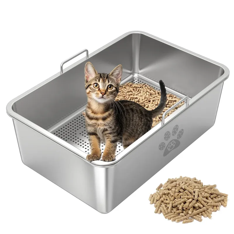 Photo 1 of 
Ptlom Stainless Steel Sifting Litter Box for Pine Pellets, Extra Large, Metal Litter Pan with Sifter, Easy Clean, Non-Slip Bottom