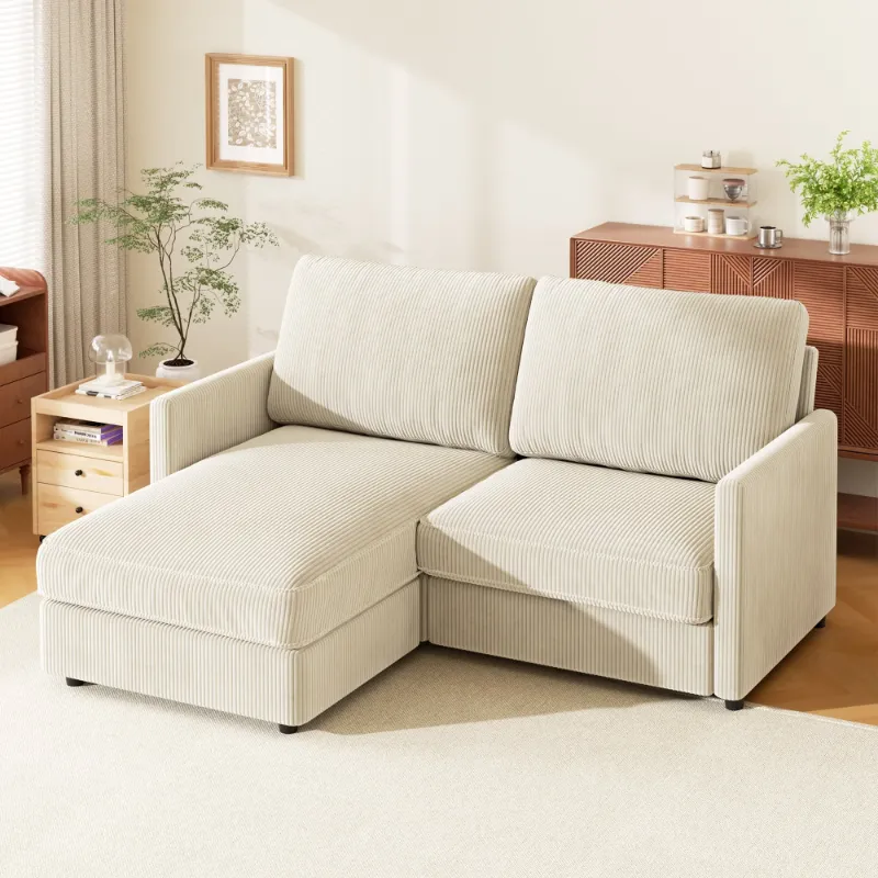 Photo 1 of Extra Comfy 71” Corduroy Sectional Sofa Bed, Neche L-Shaped Couch with Wide Chaise Cushion, Loveseat Upholstered for Living Room, Office, Small Space, Beige

