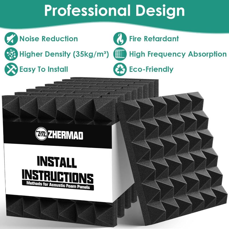 Photo 1 of 36 Pack Sound Proof Foam Panels for Walls, 2" X 12" X 12" Pyramid Design Acoustic Foam Panels, Acoustic Panels Fire-Retardant, Sound Absorbing Dampening Studio Foam, Soundproofing Foam Wedge Tiles