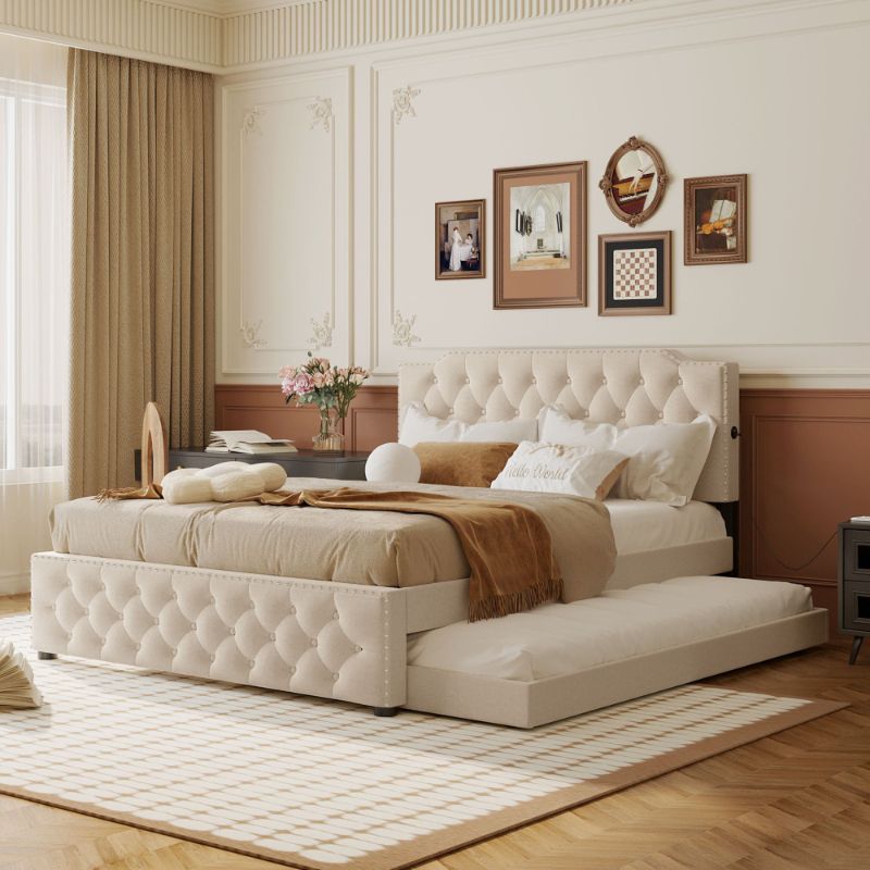 Photo 1 of ***BOX 1 OF 2 ONLY/JUST HEADBOARD/INCOMPLETE SET**Queen Size Upholstered Platform Bed With Twin Size TRUNDLE AND USB BEIGE