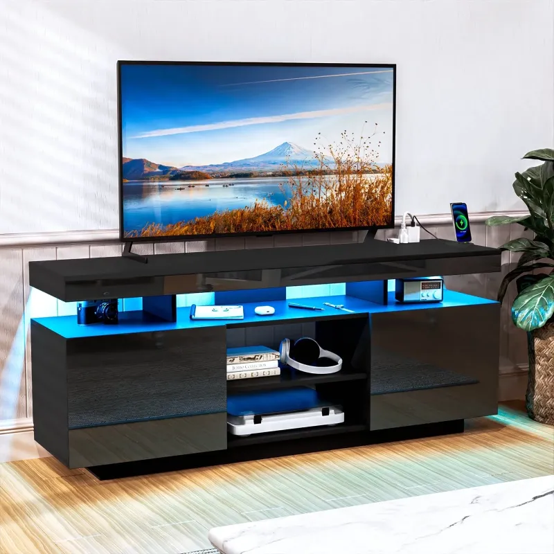 Photo 1 of Hommpa TV Stand for TVs up to 65" with LED Lights & Power Outlets Modern Gaming Entertainment Center High Gloss Media Console TV Cabinet Black