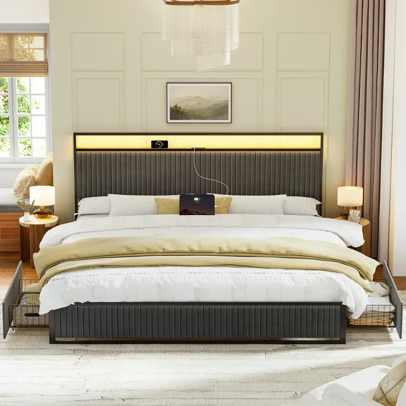 Photo 1 of ***PARTS ONLY***
KOUSEI King Bed Frame with Headboard, Platform Bed with 2 Drawers, Velvet Upholstered Bed Frame with LED Lights & Charging station?Dark Grey
