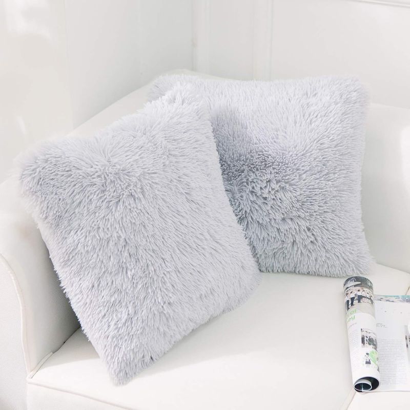 Photo 1 of NordECO HOME Luxury Soft Faux Fur Fleece Cushion Cover Pillowcase Decorative Throw Pillows Covers, No Pillow Insert, 18" x 18" Inch, Light Grey, 2 Pack