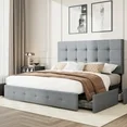 Photo 1 of  Queen Size Platform Bed Frame with Square-stitched Headboard and 4 Drawers, Light Gray