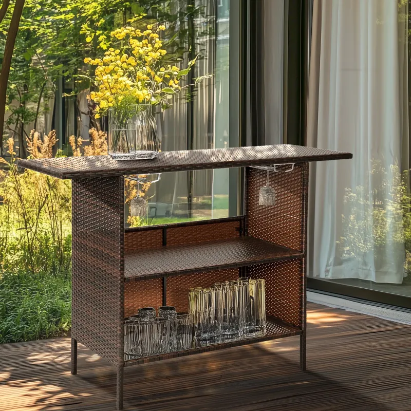 Photo 1 of ***see comment****Ktaxon Outdoor Wicker Bar Table,2 Storage Shelves for Beverage, Wicker Counter Table, All Weather Rattan Bistro Conversation Table, Iron Frame, Brown
