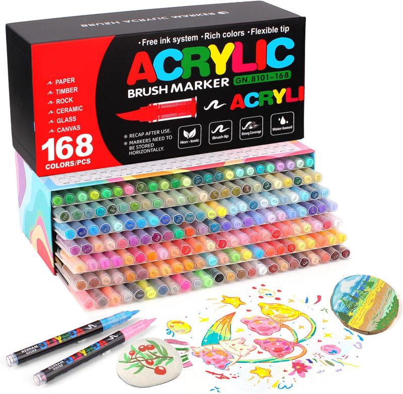 Photo 1 of 168 Colors Soft Brush Tip Acrylic Paint Markers Set, Pens for Rock, Wood, Fabric, Canvas, Glass, DIY Crafts, Waterproof Markers, Vibrant Acrylic Paint Pens for Artists and Art Projects
