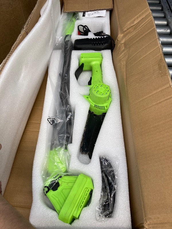 Photo 1 of ***PARTS ONLY**Steelite 2-in-1 Cordless Pole Saw & 6" Electric Mini Chainsaw,21V 2.0 Ah Battery Powered Brushless Pole Chainsaw ,13 FT Max Reach for Tree Trimming,5.29 lbs Lightweight,with Replacement Chain
