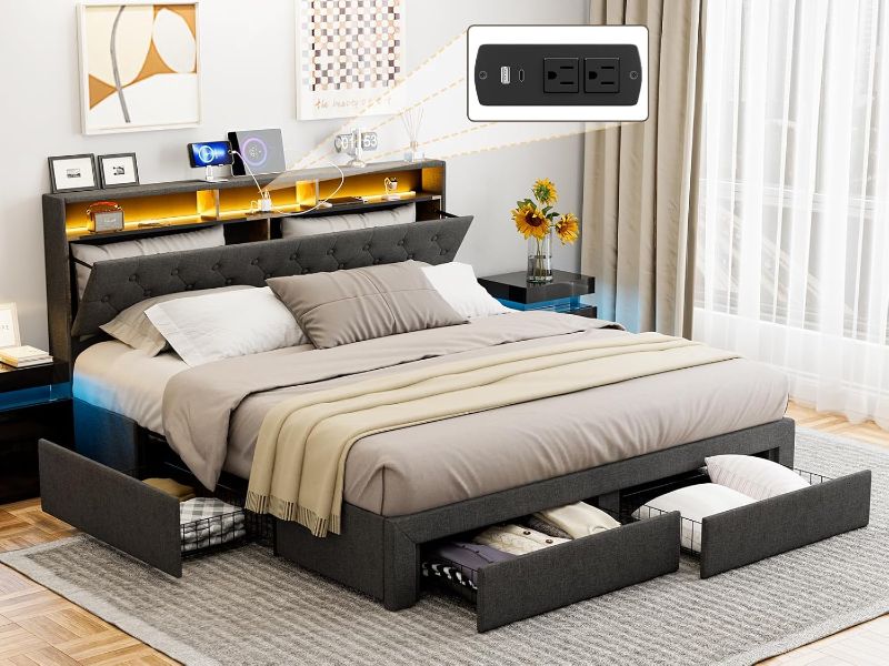 Photo 1 of 
IKIFLY King Bed Frame with Storage Headboard and Charging Station