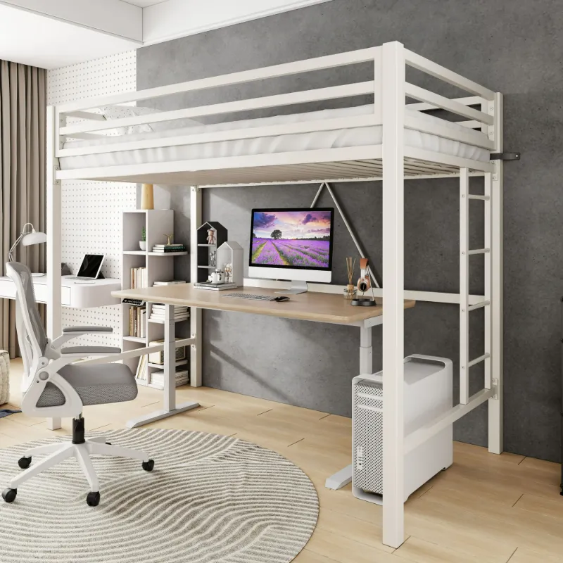 Photo 1 of Amolife Twin Size Heavy Duty Metal Loft Bed with Removable Ladder & Full-Length Guardrail, White
