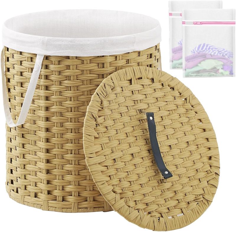 Photo 1 of Laundry Hamper with Lid Wicker Laundry Hamper Round 26.5 Gal (100 L) Laundry Basket Handwoven Rattan Laundry Basket with Removable Bag Handles 2 Mesh Bags for Living Room Bedroom Natural
