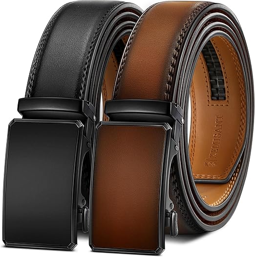 Photo 1 of KEMISANT Men Belt 2 Pack, Leather Ratchet Belt Easy Click Slide For Men 1 3/8",Cut for Fit