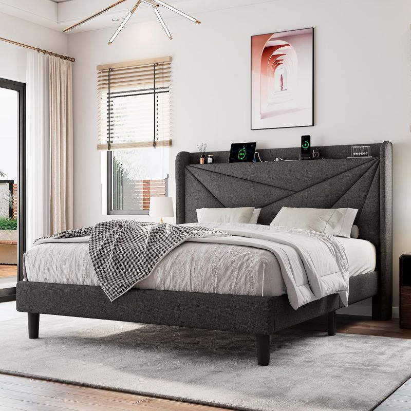 Photo 1 of ***HAS TEAR ON HEADBOARD***Full Size Upholstered Bed Frame with Charging Station, Platform Bed Frame with Storage Headboard, Solid Wood Slats Support, No Box Spring Needed, Dark Gray